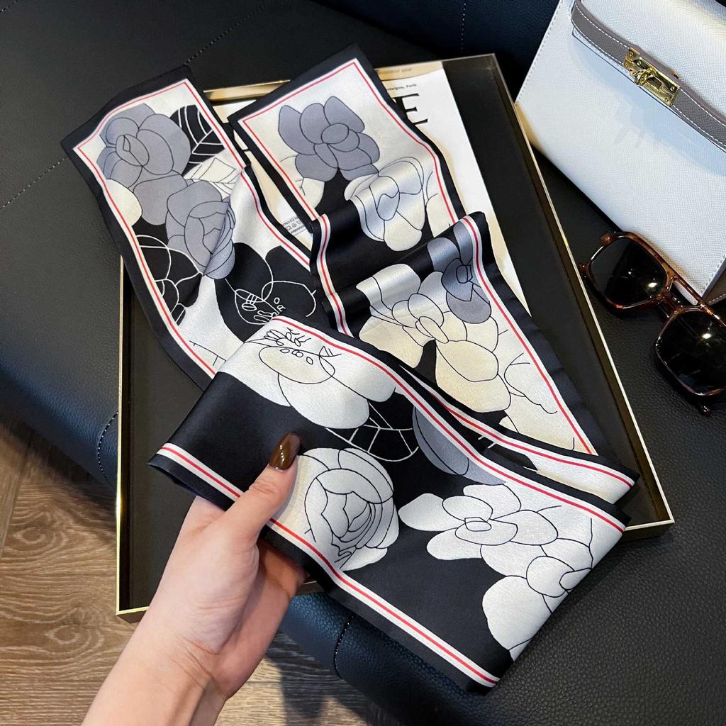 Long Silk Scarf Women's New Small Silk Scarf Printing Simulation Silk Tied Bag Streamer Explosion Sweet Little Scarf