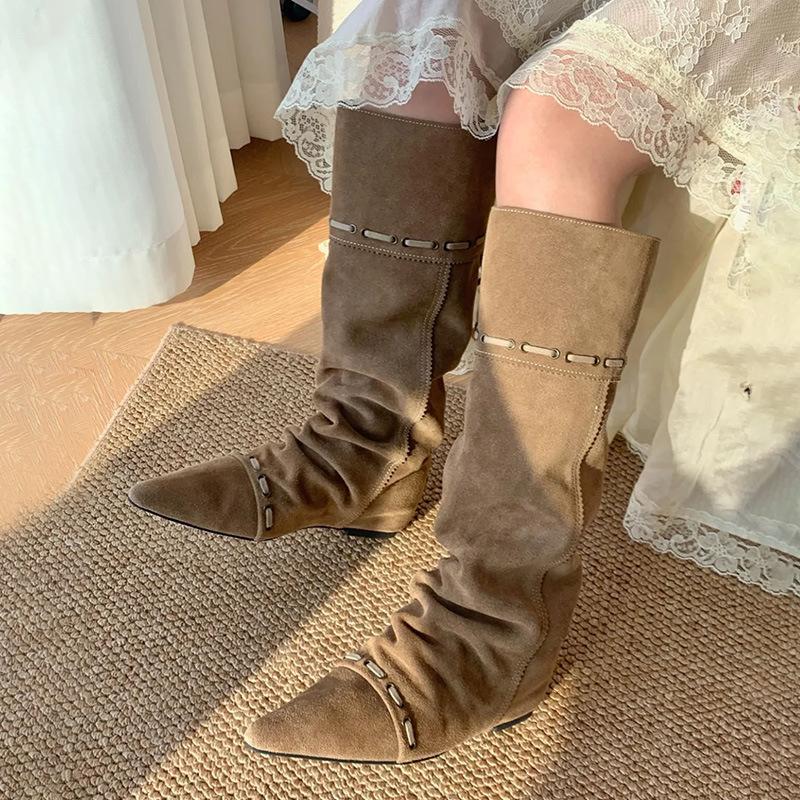 Super soft lambskin~ Stacked pleated knight boots female Maillard folding two wear western boots cowboy boots long tube