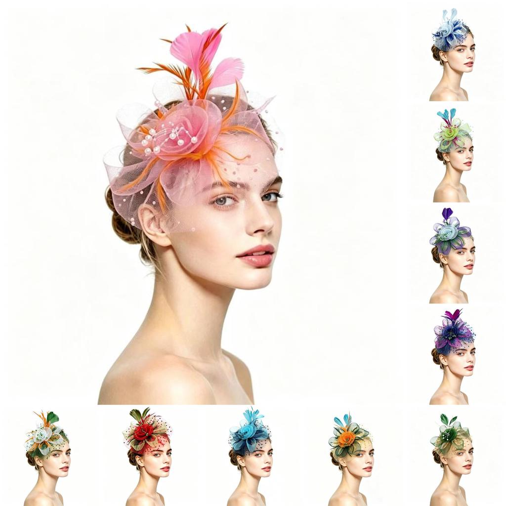 Vintage Bridal Feather Headpiece With Colorful Mesh Flower For Weddings And Parties