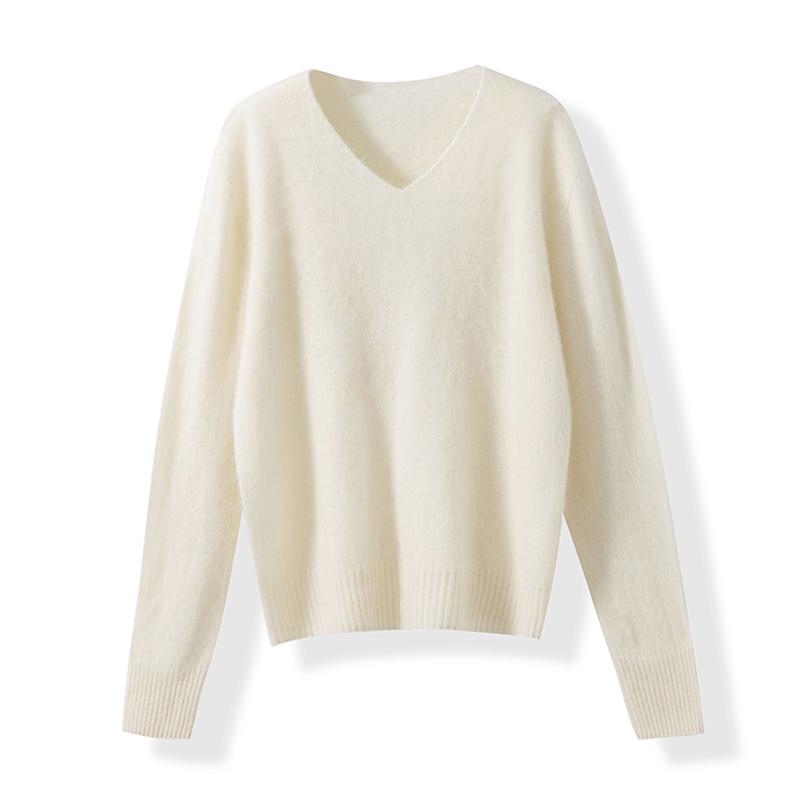 Seamless Wool-Cashmere Brushed V-Neck/Round Neck Pink Knit Base Layer Sweater