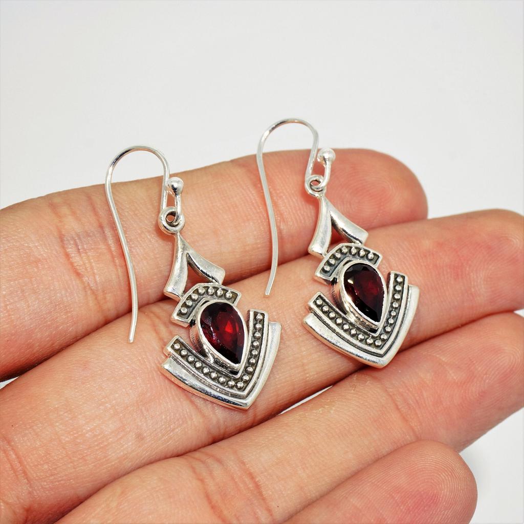 Pear Garnet 925 Sterling Silver Earrings: Oxidized Charm Jewelry