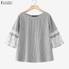 ZANZEA Women Casual Lace Patchwork 3/4 Sleeve Loose Stripe Blouse