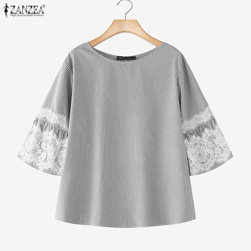 ZANZEA Women Casual Lace Patchwork 3/4 Sleeve Loose Stripe Blouse