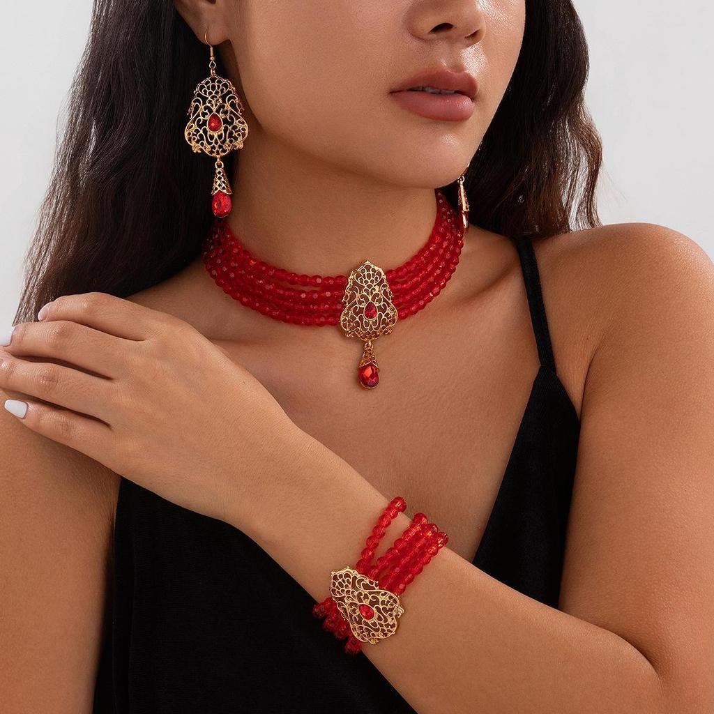 "European-American Square Rhinestone & Pearl Beaded Choker Necklace Set”