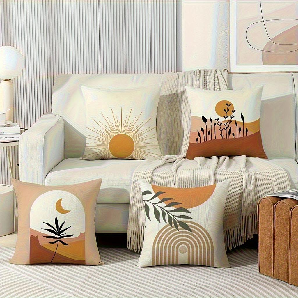 4pcs Bohemian Sun & Leaf Geometric Print Pillow Covers - Soft Decorative Cushion Covers with Zipper Closure, Machine Washable, Multiple Sizes for Livi