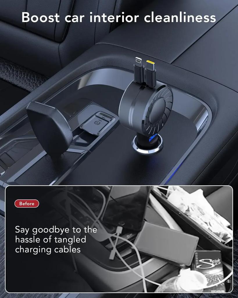3-in-1 Retractable Car Charger Small 30W Super Fast Charging 31.5 Inch Retractable Cable Car Phone Charger For iPhone Samsung