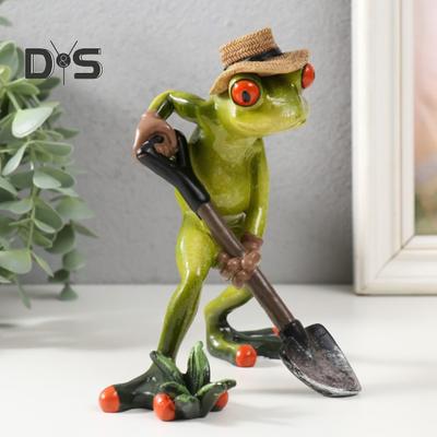 Gardening Frog Figurine Holding Shovel Green Frog Resin Statue Farmer Animal Sculpture Home Office Desktop Decoration Indoor Outdoor Garden Ornament