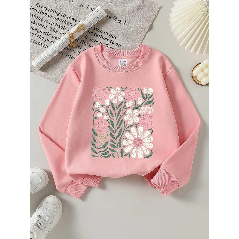 European sizes Kids' Pink & White Floral Round-Neck Hoodie - Soft Spring/Fall Casual & Sportswear, Blouse for, Playdates & Casual Attire - Comfortable