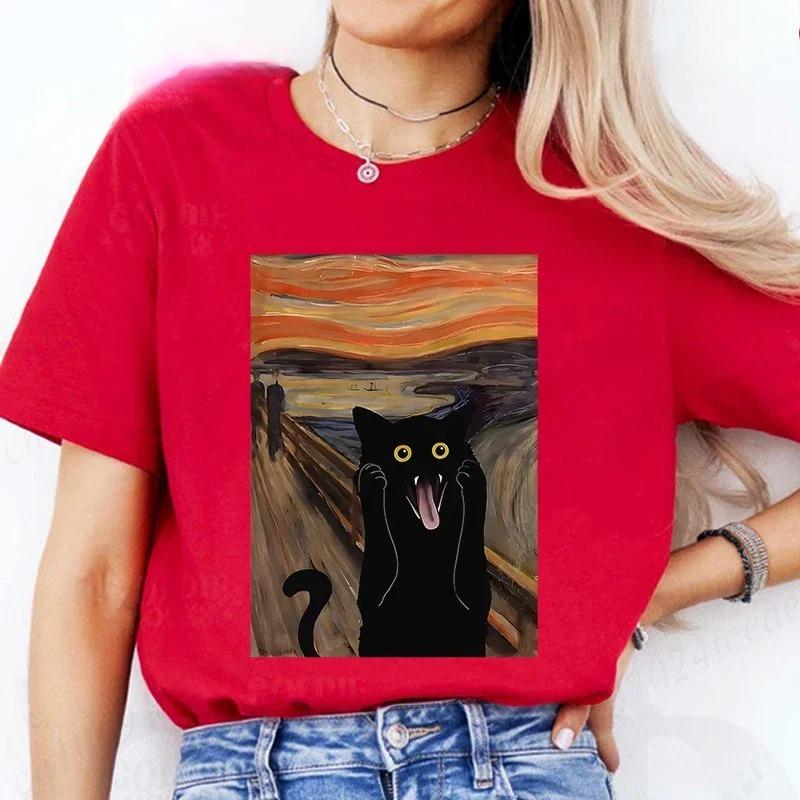 2026 New Model Scared Cat Print Clothes Crew Neck Tshirt Casual Short Sleeve Top for Summer Y2k Top Fashion Womens Tee Clothin