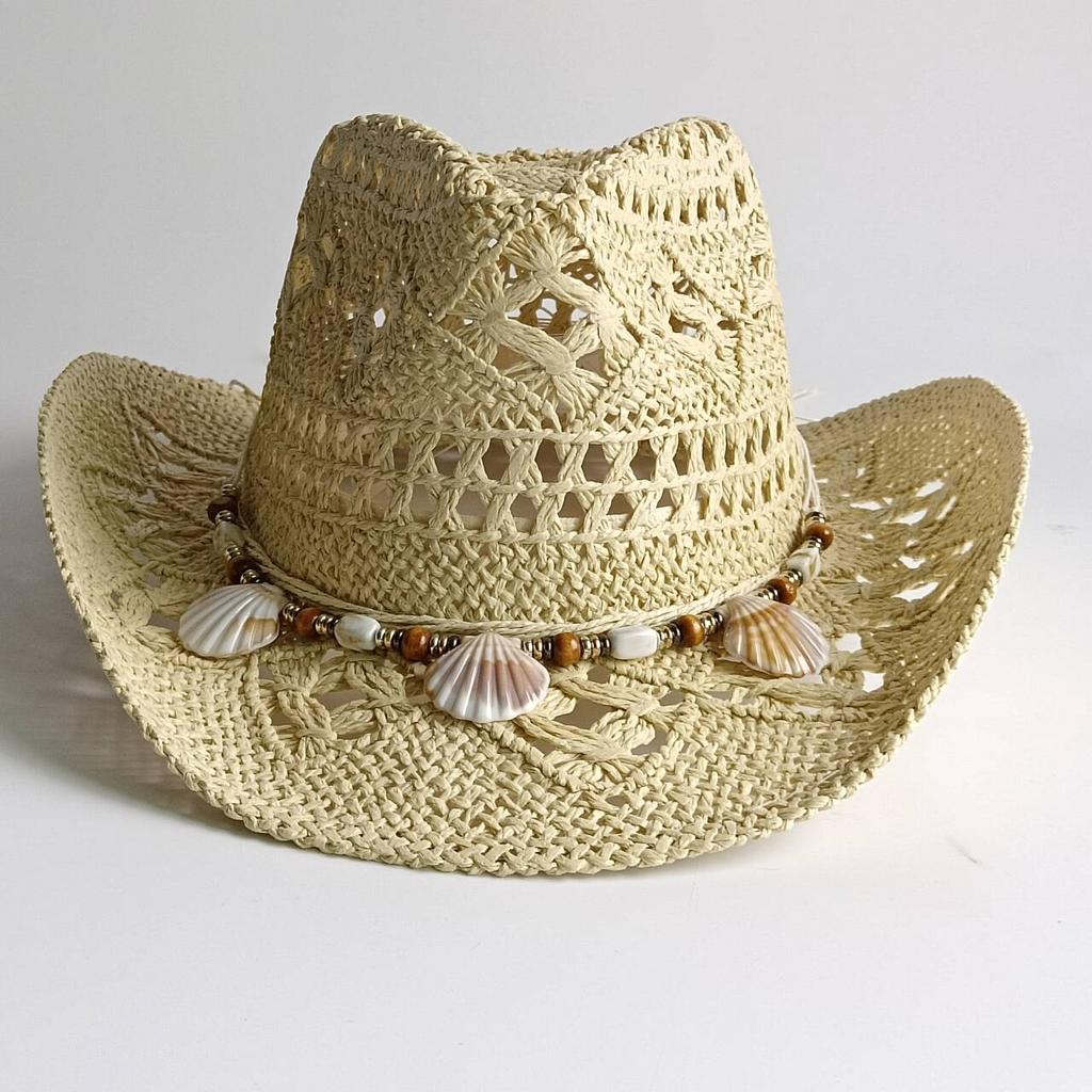 Westliche Cowboyhüte Strand Böhmischer Strohhut Holzperlen Hohlraum Sonnenschutzhut Muschel Damen Herren cowboyhut
