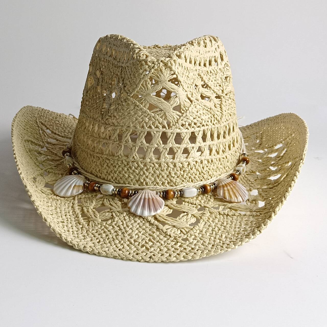 Westerse Cowboy Hoeden Strand Boheemse Strohoed Houten Kralen Uitgesneden Zonnehoed Schelp Dames Heren cowboyhoed M55-58cm