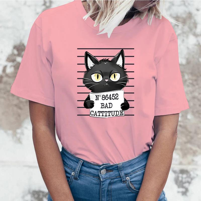 Bad Cattitude Cat T-Shirts For Women Summer Tee Shirt Femme Casual Short Sleeve Round Neck Tops T-Shirts