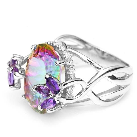 Glitter Flower Bud Inlaid Rainbow Rhinestone Bridal Ring Engagement Jewelry Gift