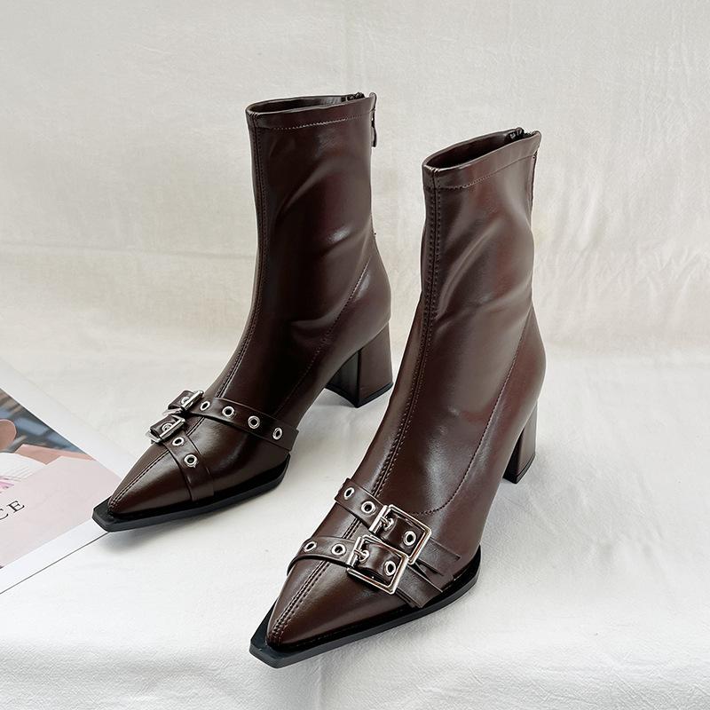 2025 autumn and winter pointed belt buckle thick heel short boots women's European and American style high heel rear zipper soft leather thin shor