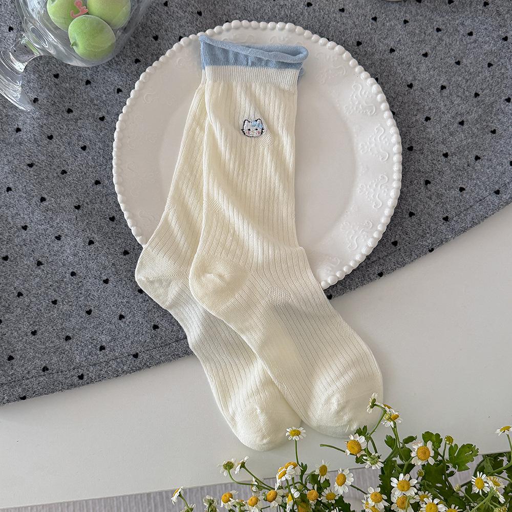 Women s Boneless Embroidery Mid-Calf Socks - Thin Korean-Style Cotton, Spring/Summer 2026 Collection