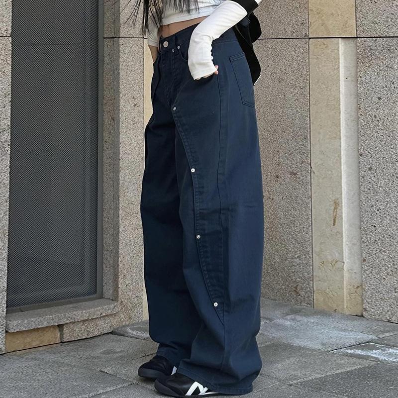 Design Sense Rivet Split Low-waist Jeans Women's All-match Street Handsome Loose Drape Wide-leg Pants Tooling Trousers