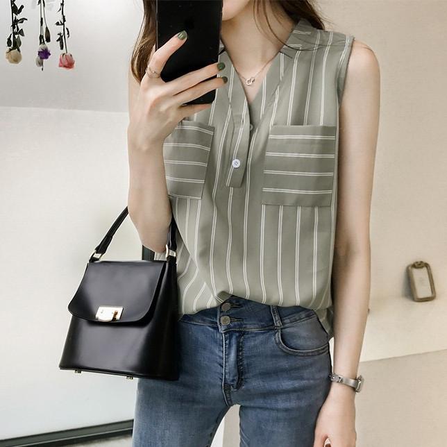 Women's V-neck Striped Shirt Women's Sleeveless Top Loose Slimming Chiffon Shirt Plus Size