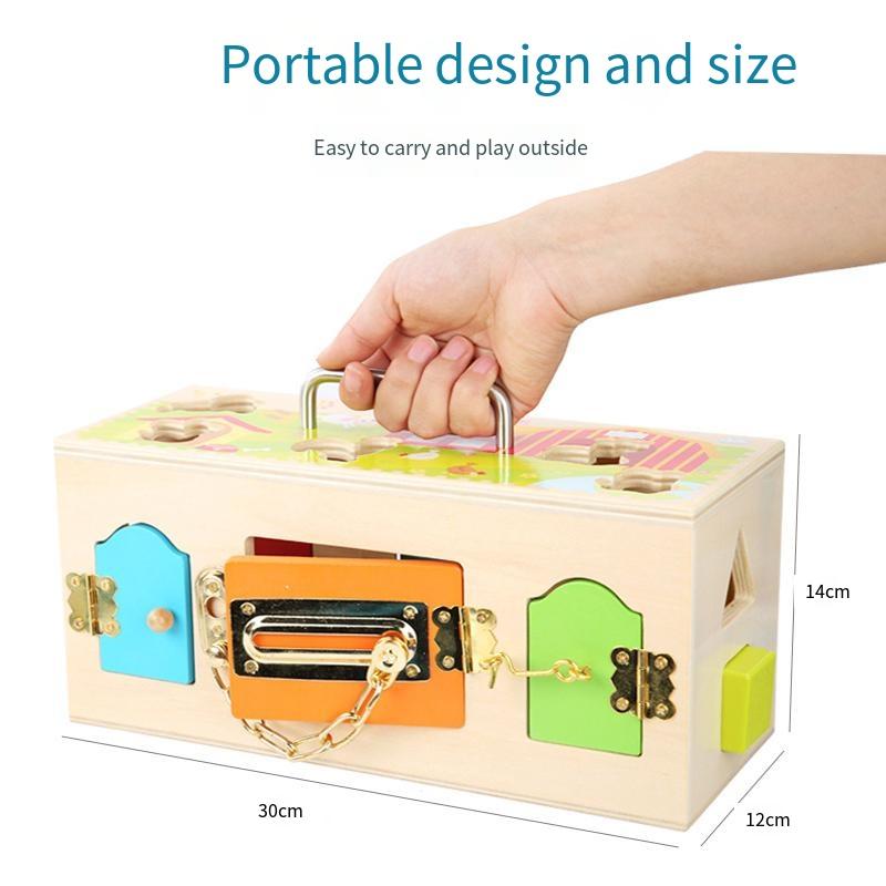 Montessori Lock Box Toy Wooden Activity Busy Board Game Practical Life Skill Toy Open The Lock Preschool Learning Education Toys