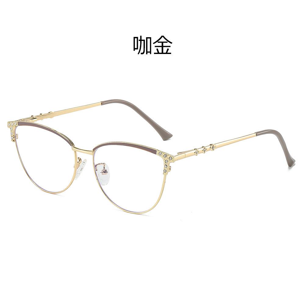 Cat eye glasses new diamond-encrusted plain glasses frame fashionable spring foot discoloration anti-blue light metal glasses