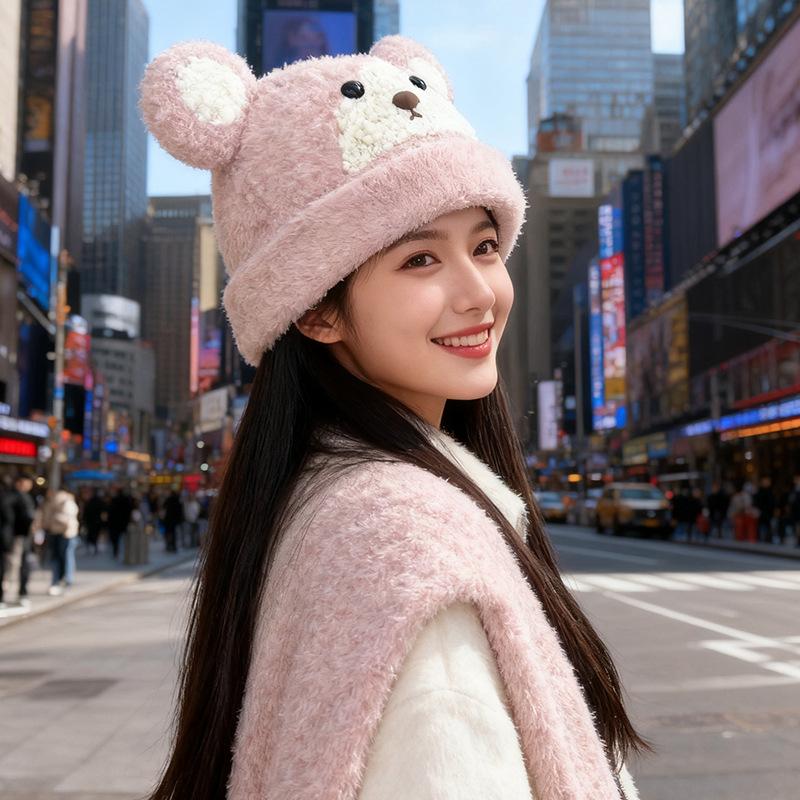 

Winter New Sweet Plush Bear Hat for Women Thickened Warm Ear Protection Knitted Hat Showing Face Little Cute Pullover Hat M（56-58cm）