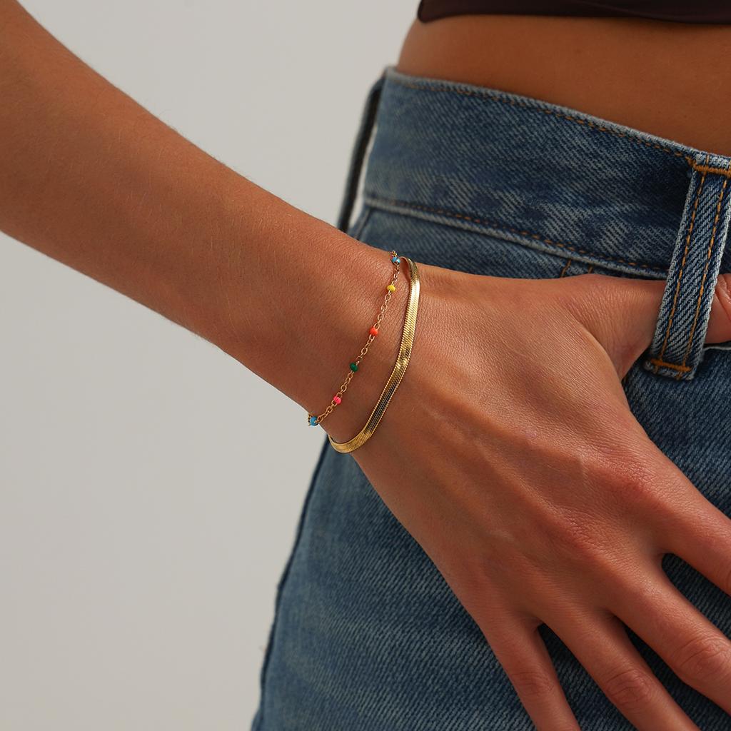Ingemark Boho Goldfarbene Edelstahl-Schlangenkette Armbänder Damen Retro Stapelbare Bunte Perlenarmbänder Wasserdichter Schmuck