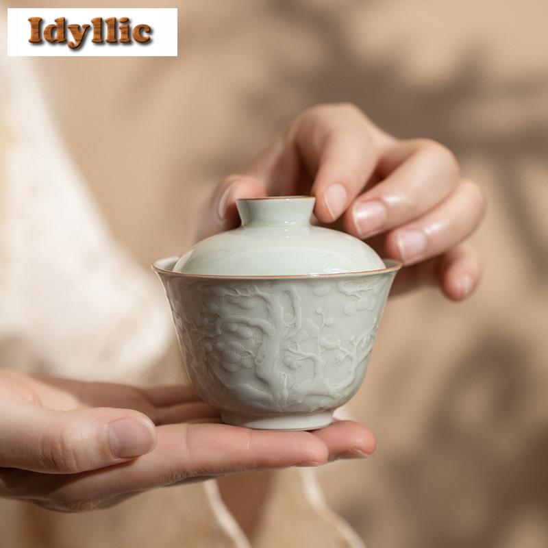 100ml Ice Table Glaze Handmade Relief Gaiwan Vintage Tea Tureen Tea Bowl With Lid Kit Tea Making Cover Bowl Tea Items Ornaments