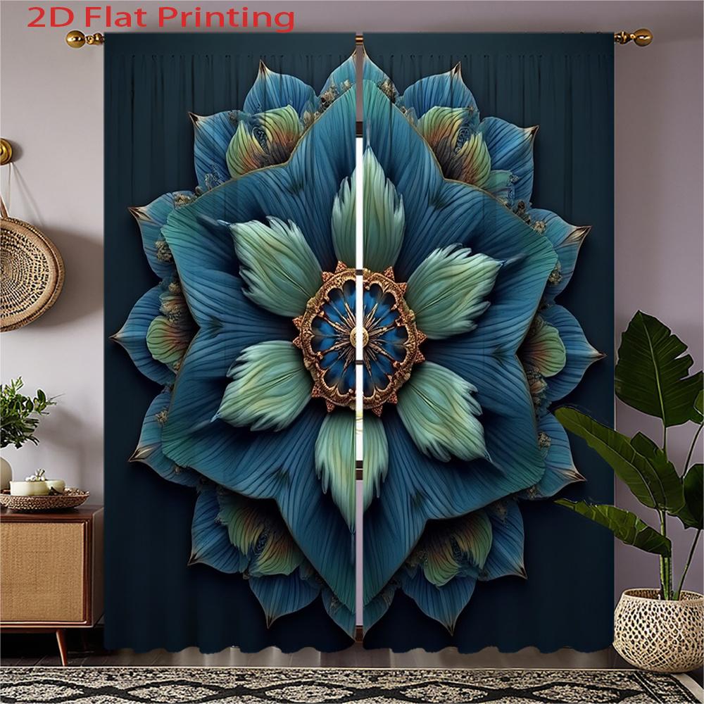 

2D Flat 2pcs Navy Blue & Turquoise Floral Curtains - Semi-Sheer Textured Window Drapes with Large Leaf Pattern Cordless Contem 100*130 Rod Pocket 1pcs