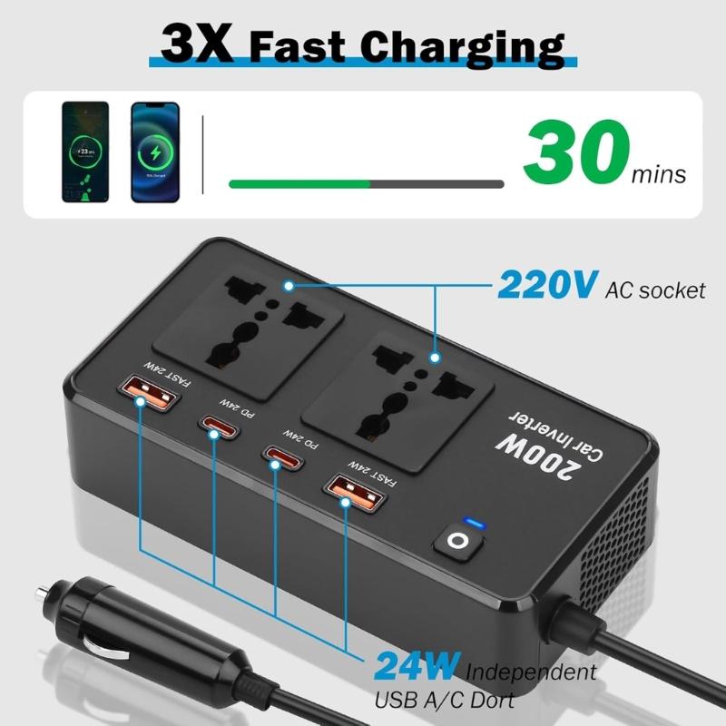 200W Car Power Inverter DC12V To AC220V with USB Ports for Tablets Laptops and Mobile Devices Long Drives Business Trips