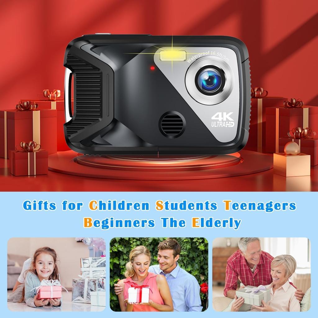 Underwater Camera, UHD 4K 48MP Waterproof Camera with 18X Zoom Selfie Screens,16FT Compact Waterproof Digital Camera with 32GB Card,Fill Light