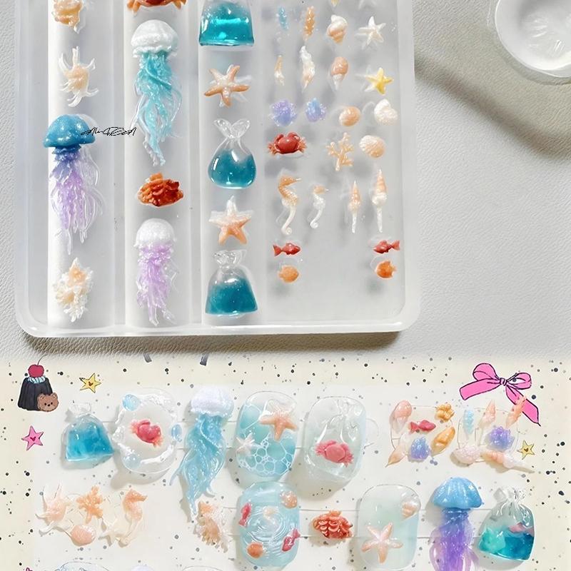 3D Silicone Carved Nail Art Mold Soft Jellyfish Fishtail Design Ocean Style DIY Nail Accessories for Creative Manicure Templates