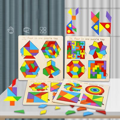 4 in 1 Montessori Tangram Puzzle Spielzeug Holz Geometrische Form Bunt Kognitionspuzzle Holzbausteine Geschenke für Kinder