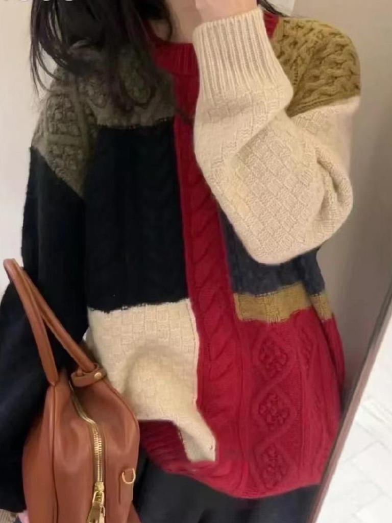 Women's Wool Sweater: Color Block, Korean Style, Round Neck, Long Sleeve Knitwear for Autumn/Winter