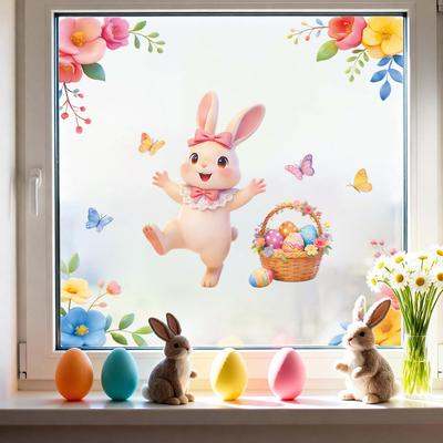 Cesta de Ovos Coelho da Páscoa Adesivo Estático para Janela Removível Autoadesivo para Porta de Vidro de Varanda Decoração de Casa Arte