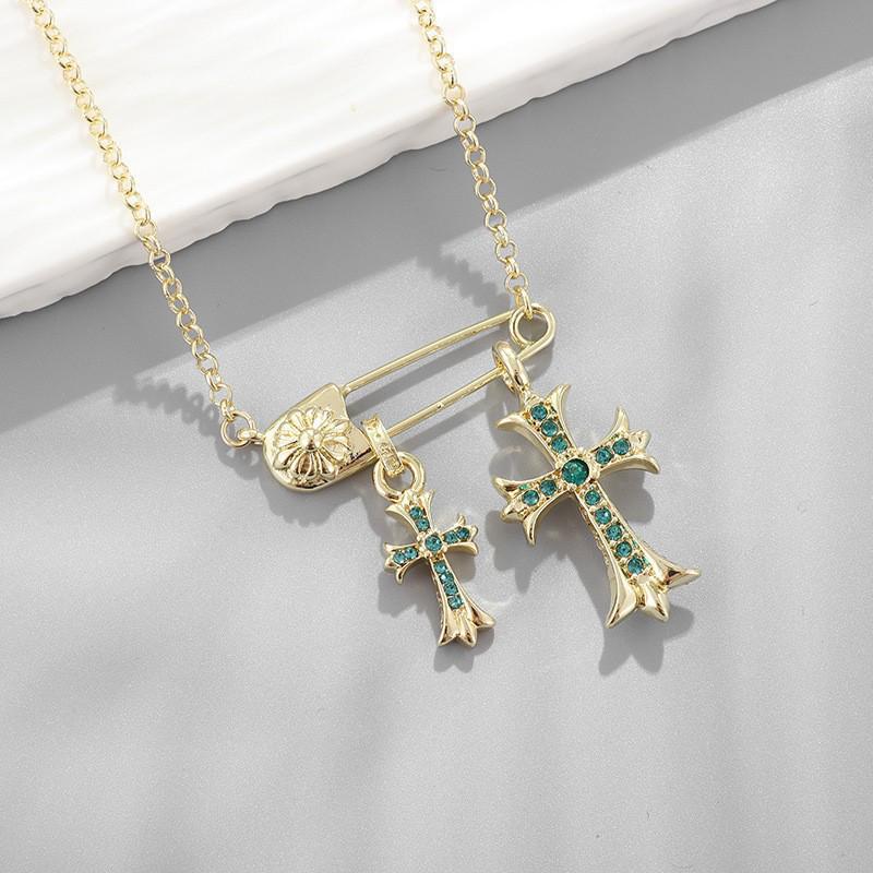 Kroxin Guld & Silver Vintage Kors Hänghalsband med Diamantbrosch - Hip Hop Trendig Par Kedja