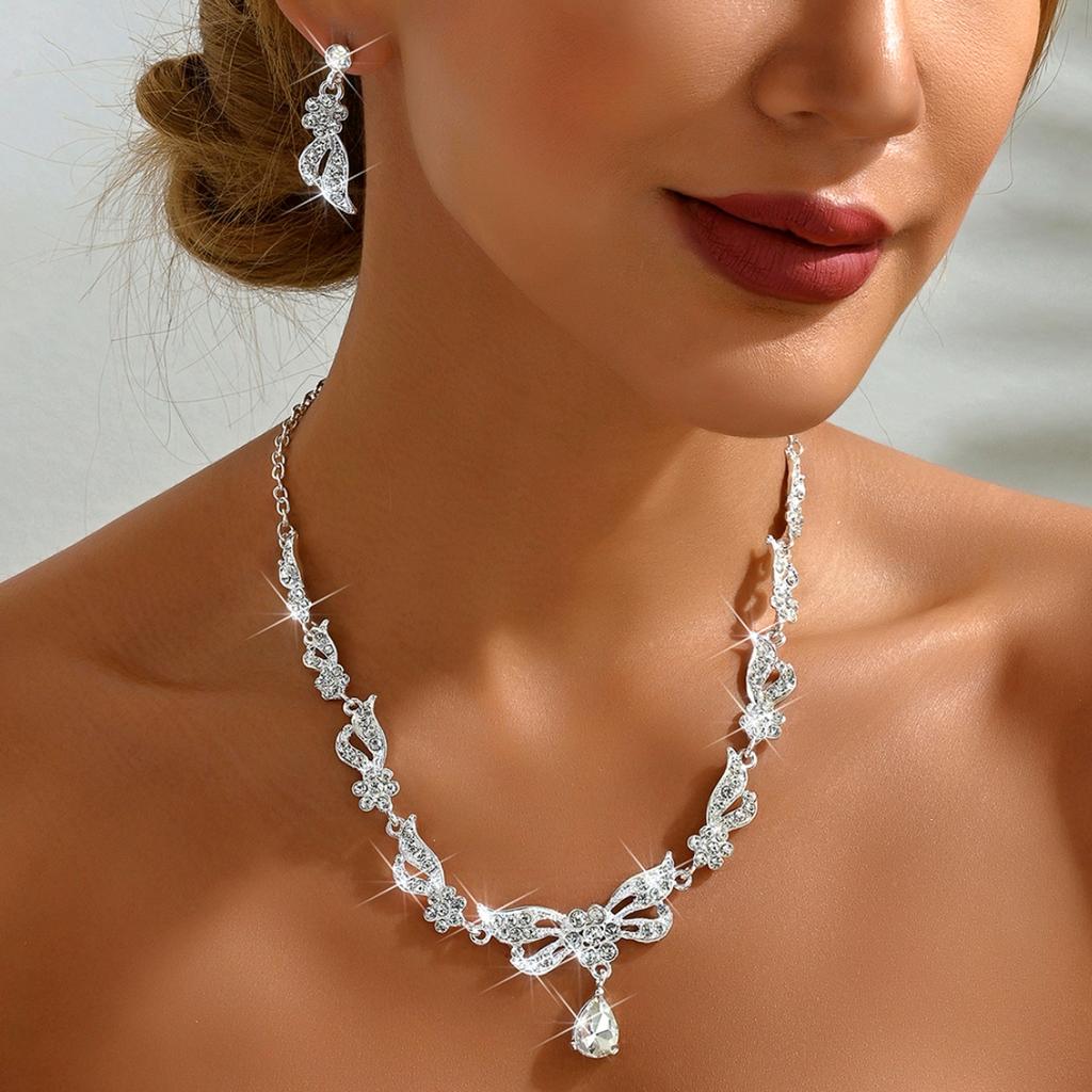 3 pieces of women's trendy bow, water drop earrings, necklace, Zircon set, wedding, banquet, party, and holiday gifts