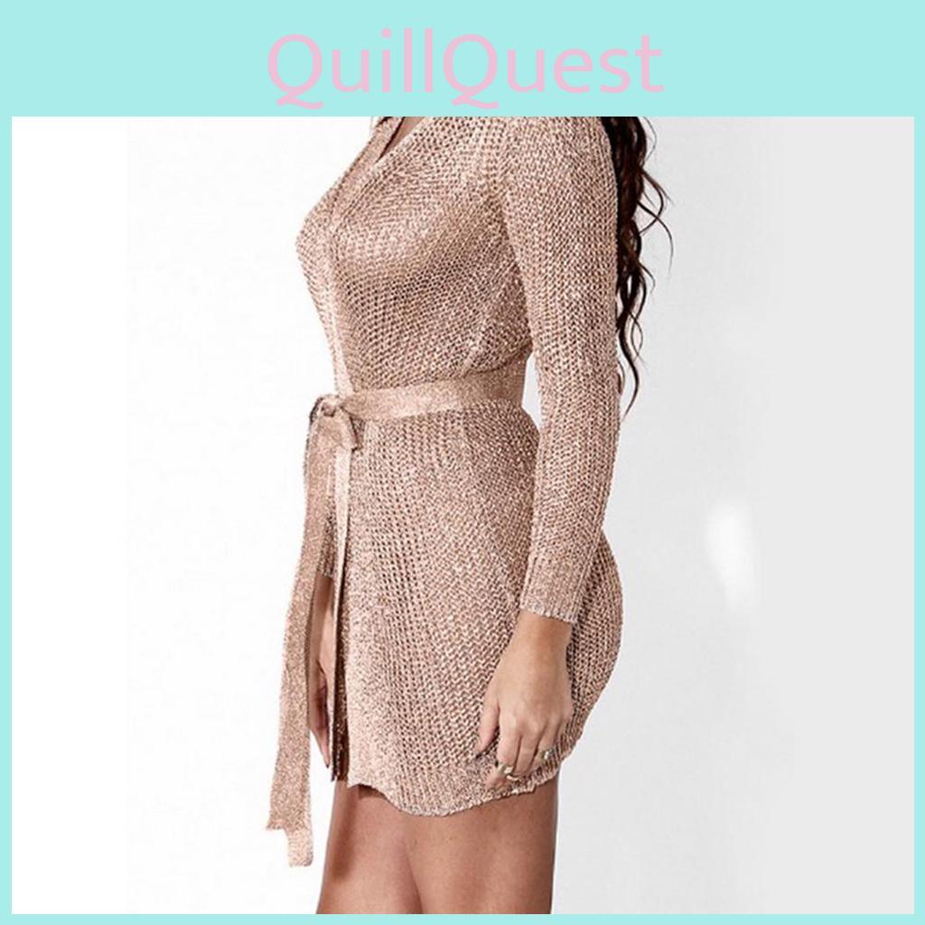 Women Hollow Out Sexy Long Belt Dress Jacket With Knitted Sleeves Elegant Lingerie Robe