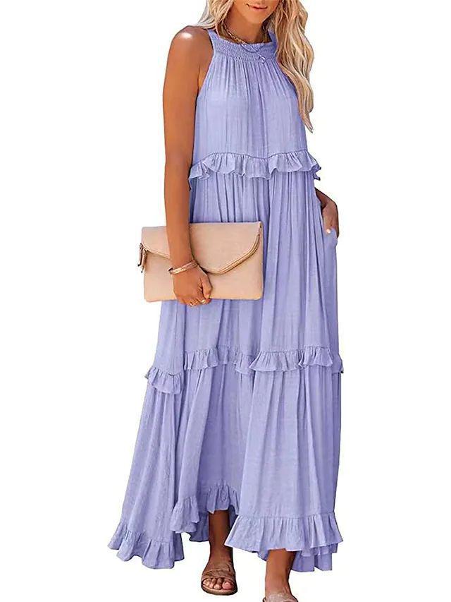 European and American 2025 Summer Ruffle Long Dress - Women's Flowing Holiday Beach Style