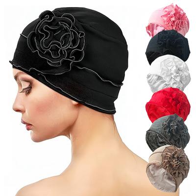 Blumen-Turbanmütze für Damen, einfarbig, Baumwoll-Stirnband, Beanie, modische muslimische Motorhaube, dehnbare, weiche Schlafmütze, Damen-Kopfbedeckung