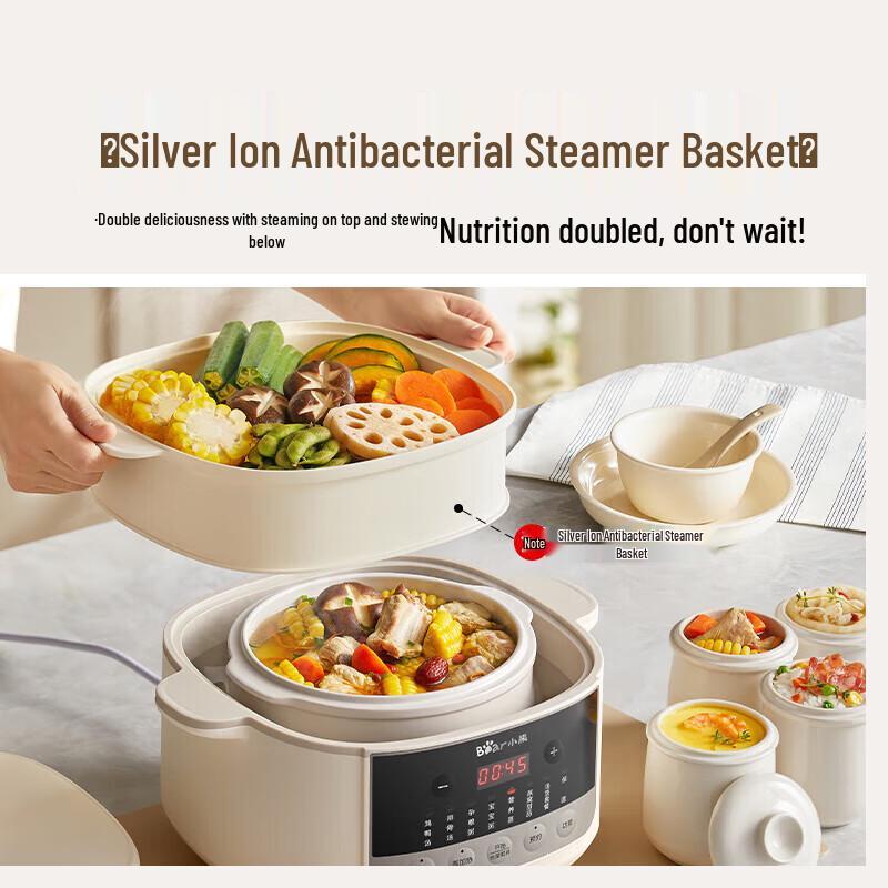 BEAR 2.5L Electric Double Boiler Stew Pot with 5 Ceramic Liners & Steamer CN Plug (adapter Included)