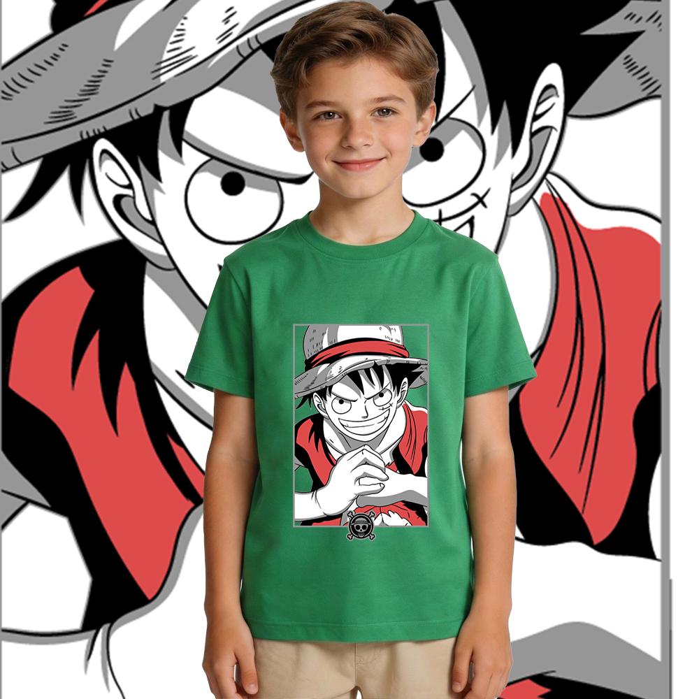 One Piece Luffy Anime Print Cotton T Shirt for Boys and Girls Kids Summer Casual Short Sleeve Soft Breathable Top