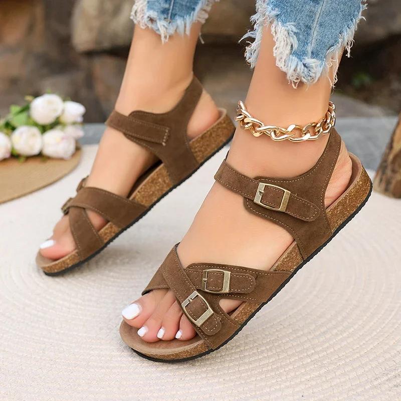 Fashion Retro Buckle Strap Cork Sandals Women 2025 Summer Cross Strap Flat Sandals Woman Brand Design Comfortable Non Slip Beach Shoes