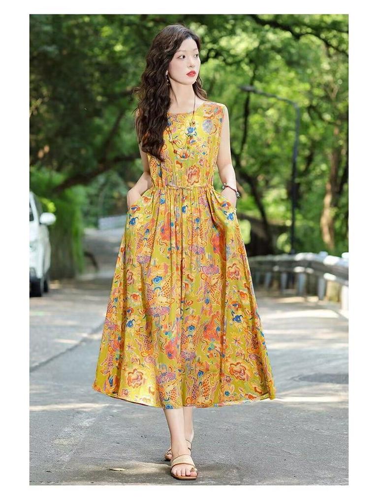 New Summer Floral Cotton-Silk Sleeveless Dress - Plus Size, Loose Fit, Slimming, Vacation Style Mom’s Long Dress
