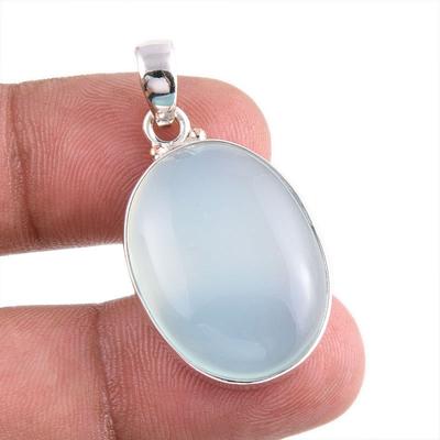 Natürlicher Aqua Chalcedon Edelstein Handgefertigter 925er Massivsilber Anhänger 1,50'' M1o08