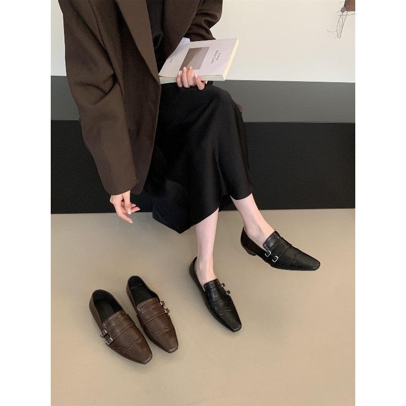 Early autumn square head thick heel single shoes women's versatile and thin British style small leather shoes loafers women's shoes