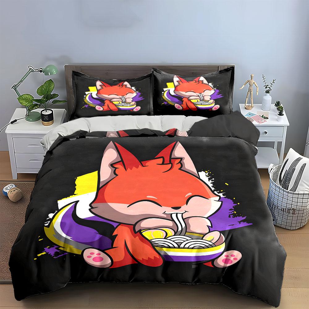 Cute Fox Noodle Art Set Soft Comfortable Duvet Cover Bedding Set Included 1*Duvet Cover & 2*Pillowcases, Gift
