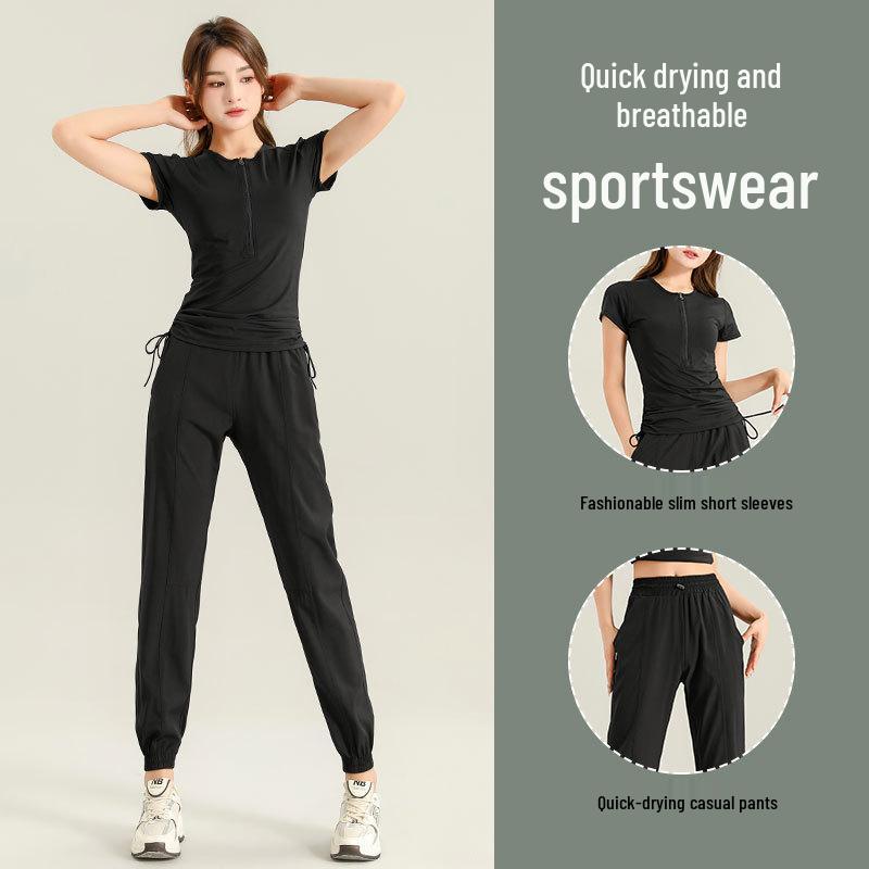 Women's High-End Quick-Dry Yoga & Running Set: Summer Half-Zip Short Sleeve Top with Loose Casual Ice Silk Pants