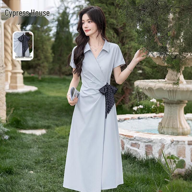 Women s Elegant Lapel Waist-Cinching Shirt Dress S серо голубой