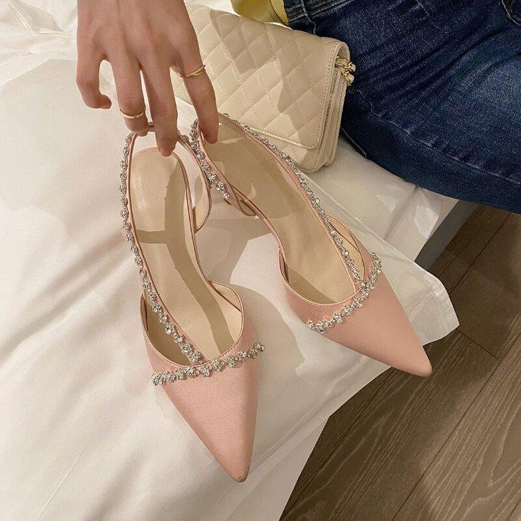 Temperament French small heels socialite pointed single shoes fairy white high heels thin heel rhinestone bag head sandals female summer