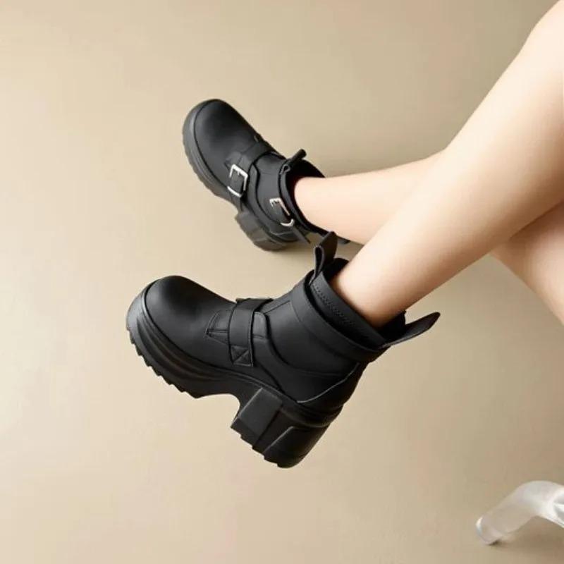 Fashion 10cm Synthetic Leather Motorcycle Boots for Women Winter Autumn High Thick Heels Platform Chunky Short Booties Shoes
