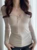 Korean V-Neck Lace Tie-Up Long Sleeve Slim Fit T-shirt for Women - Autumn/Winter